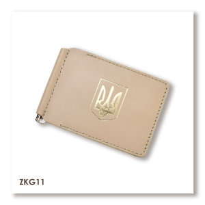 Бежевый кожаный зажим для купюр и карт с гербом