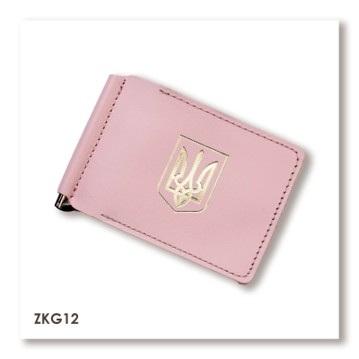 Розовый кожаный зажим для купюр и карт с гербом